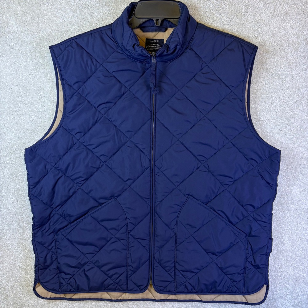 J.Crew Quilted Vest Men XL Blue Full Zip Sussex Authentic Outerwear Work STAINS